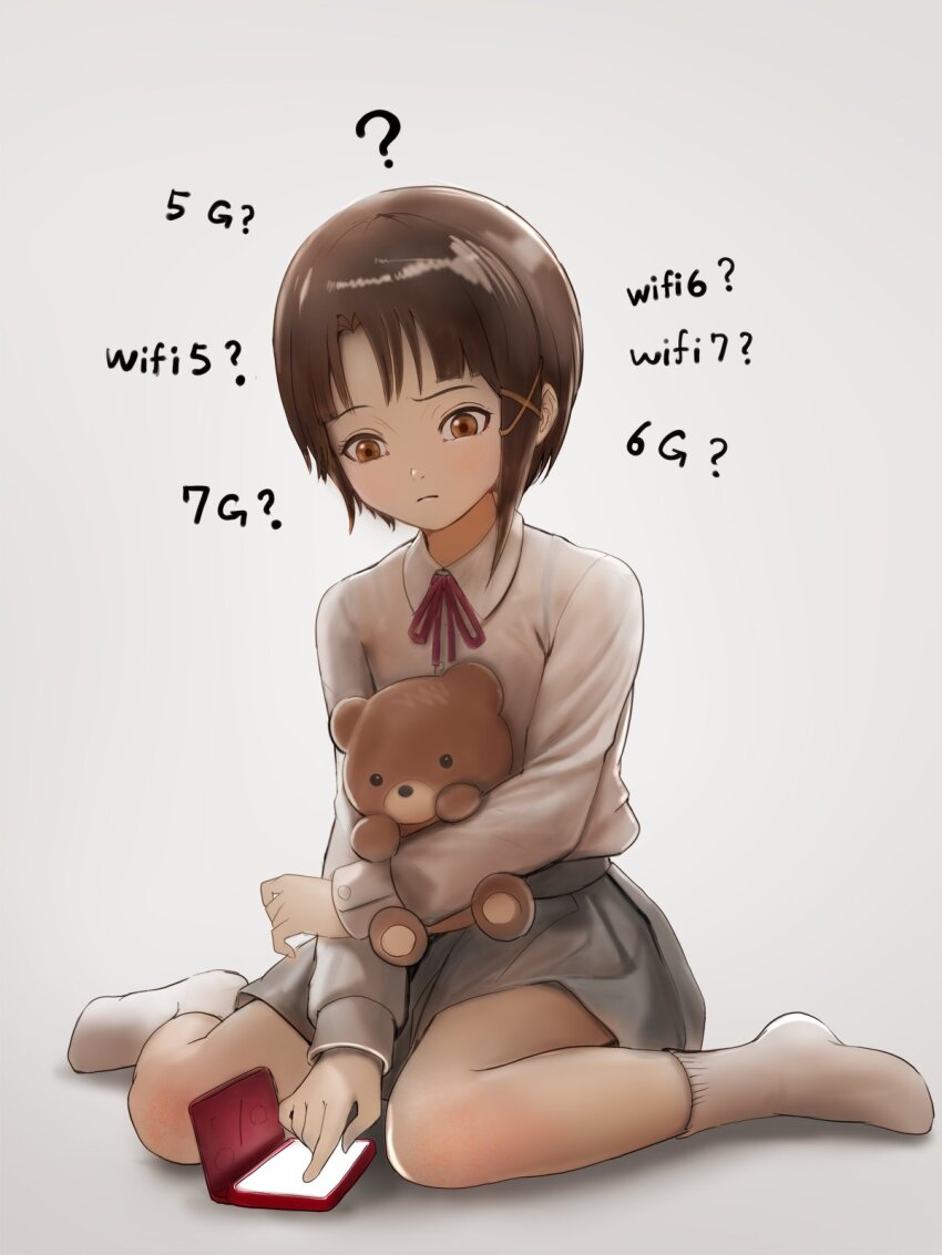 1girl ? black_hair black_skirt brown_eyes cellphone closed_mouth collared_shirt commentary confused full_body grey_background highres holding holding_stuffed_toy iwakura_lain looking_at_phone neck_ribbon nekoita no_shoes phone red_ribbon ribbon school_uniform serial_experiments_lain shirt short_hair simple_background sitting skirt smartphone socks solo stuck_in_the_past stuffed_animal stuffed_toy teddy_bear wariza white_shirt white_socks