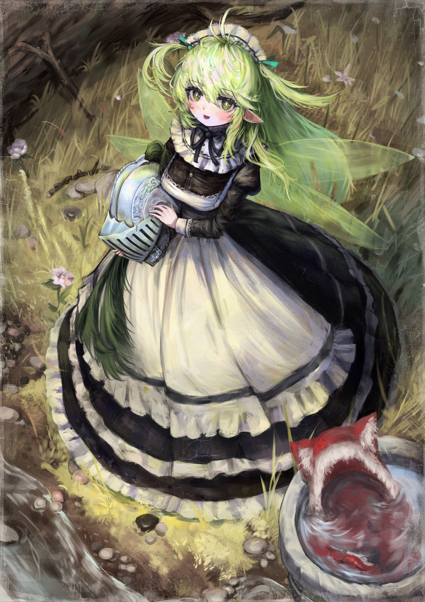 1girl :d absurdres animal_hood apron black_bow black_bowtie black_dress black_souls bow bowtie breasts bright_pupils bucket dress fairy_wings flower frilled_dress frills from_above full_body grass green_eyes green_hair green_wings hair_between_eyes helmet highres holding holding_helmet hood juliet_sleeves leaf_(black_souls) log long_dress long_hair long_sleeves looking_at_viewer maid maid_apron maid_headdress medium_breasts open_mouth outdoors pink_flower pointy_ears puffy_sleeves red_hood river rock ropeperson smile solo stick two_side_up waist_apron water white_apron white_headdress white_pupils wings