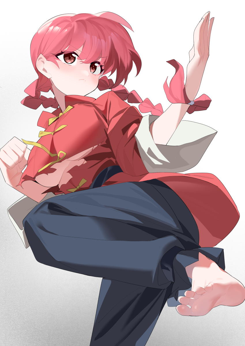 1girl absurdres barefoot black_pants breasts chinese_clothes clenched_hand commentary fighting_stance highres large_breasts long_hair looking_ahead multi-tied_hair pants ranma-chan ranma_1/2 red_eyes red_hair red_shirt shirt soles solo standing standing_on_one_leg toes torn_clothes torn_shirt underboob v-shaped_eyebrows very_long_hair wako_(1194433260)
