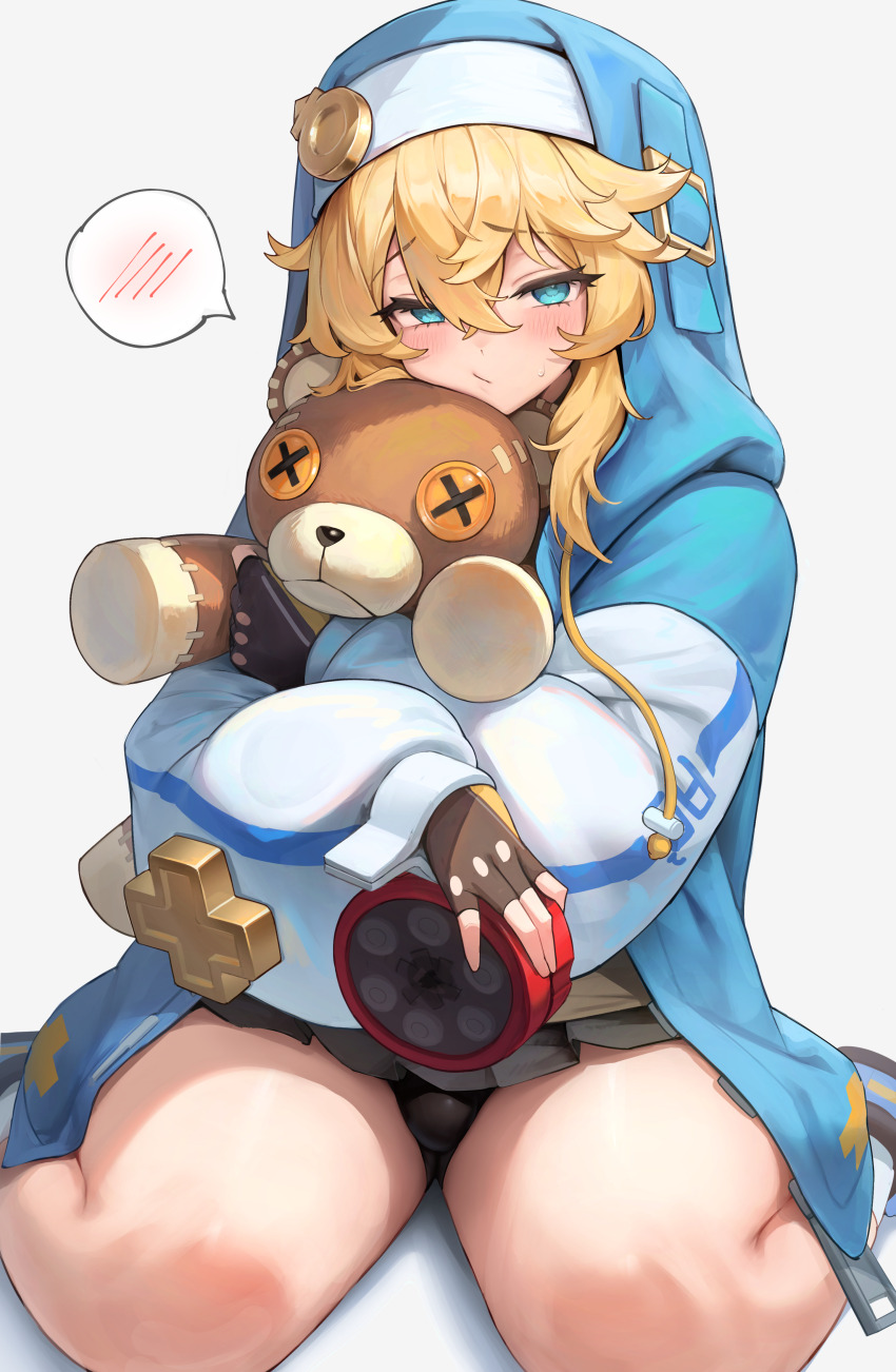 1boy absurdres black_panties black_skirt blonde_hair blue_eyes blue_hoodie blush bridget_(guilty_gear) bulge closed_mouth grey_background guilty_gear guilty_gear_strive hair_between_eyes hakusyokuto highres hood hoodie hugging_object long_hair long_sleeves looking_at_viewer male_focus panties pleated_skirt simple_background sitting skirt spoken_blush stuffed_animal stuffed_toy sweat teddy_bear thigh_focus thighs trap underwear wariza