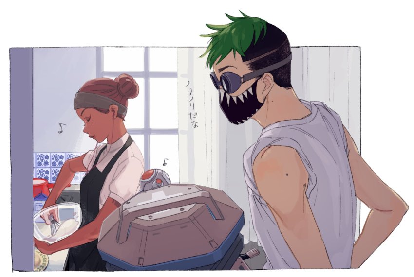 1boy 1girl 2gou apex_legends baking blouse bow bowl closed_eyes couple d.o.c._health_drone double_bun drone earphones goggles green_hair grey_headband grey_shirt hair_behind_ear hair_bun headband highres holding holding_bow_(ornament) lifeline_(apex_legends) looking_to_the_side mole mole_on_arm octane_(apex_legends) red_hair science_fiction shirt sleeveless sleeveless_shirt undercut window