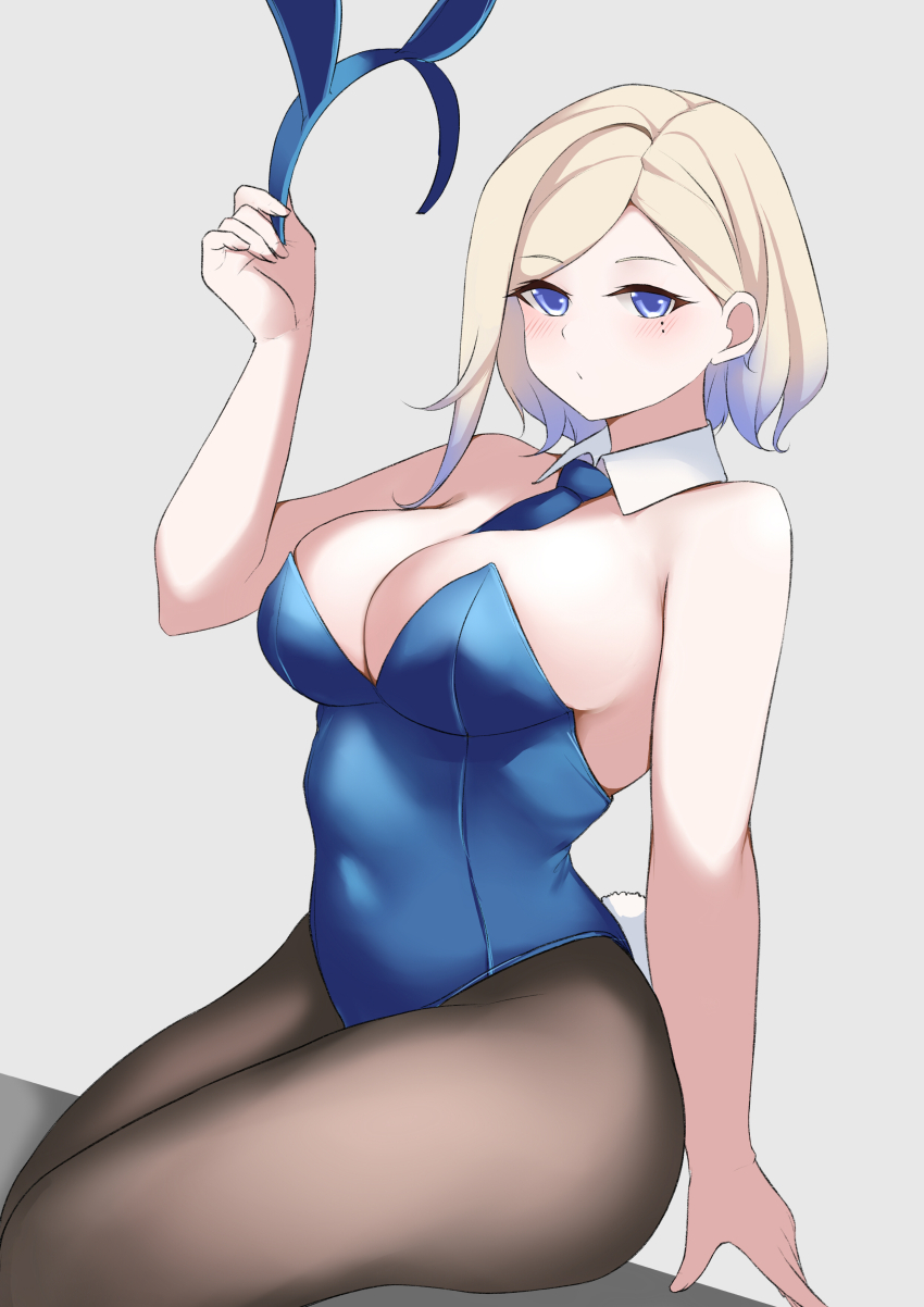 1girl absurdres alternate_costume animal_ears between_breasts black_hairband black_pantyhose blonde_hair blue_eyes blue_hair blue_leotard blue_necktie breasts covered_navel detached_collar fake_animal_ears fake_tail gradient_hair hairband highleg highleg_leotard highres holding_hairband jean_bart_(kancolle) jiangyou_dang kantai_collection large_breasts leotard mole mole_under_eye multicolored_hair necktie necktie_between_breasts pantyhose playboy_bunny rabbit_ears rabbit_tail short_hair solo strapless strapless_leotard tail