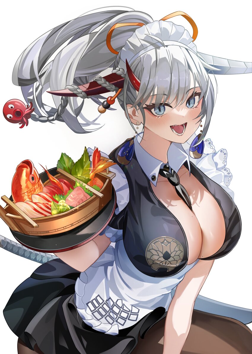 1girl absurdres apron artist_request azur_lane black_skirt blue_eyes braid breasts cleavage dragon_girl dragon_horns earrings emblem fish grey_hair grey_horns hakuryuu_(azur_lane) hakuryuu_(slice_dice_and_serve)_(azur_lane) highres holding holding_behind_back holding_plate holding_sword holding_sword_behind_back holding_weapon holding_weapon_behind_back horns jewelry large_breasts long_hair maid maid_headdress meal mole mole_on_breast necktie official_alternate_costume open_mouth pantyhose plate ponytail red_horns salad skirt solo sword waist_apron weapon white_apron white_background