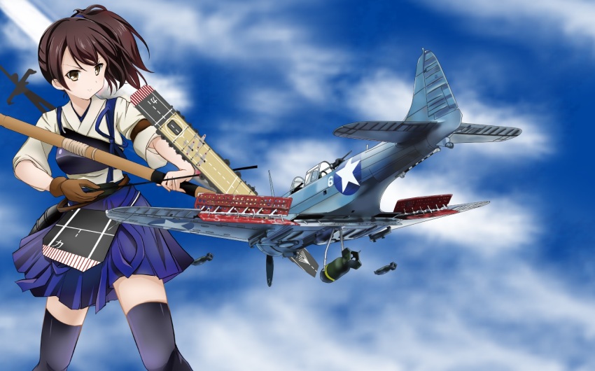 1girl aircraft aircraft_carrier airplane battle battle_of_midway bomb bomber brown_hair cloud dive_bomber explosive flight_deck historical_event japanese_clothes kaga_(kancolle) kantai_collection military military_vehicle muneate ocean propeller propeller_fighter sbd_dauntless ship side_ponytail sky soranokakera01 tasuki tsurime vehicle_focus warship watercraft weapon world_war_ii yumi_(bow)