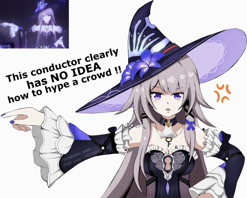 1girl absurdres anger_vein ascot bare_shoulders black_choker black_dress black_hat choker detached_sleeves dress eiji_nochi flower frilled_sleeves frills grey_hair hair_ribbon hat hat_flower herta_(honkai:_star_rail) highres honkai:_star_rail honkai_(series) long_hair long_sleeves looking_at_viewer multiple_views nail_polish open_mouth purple_eyes purple_flower purple_nails purple_ribbon ribbon simple_background strapless strapless_dress the_herta_(honkai:_star_rail) very_long_hair white_ascot white_background witch_hat