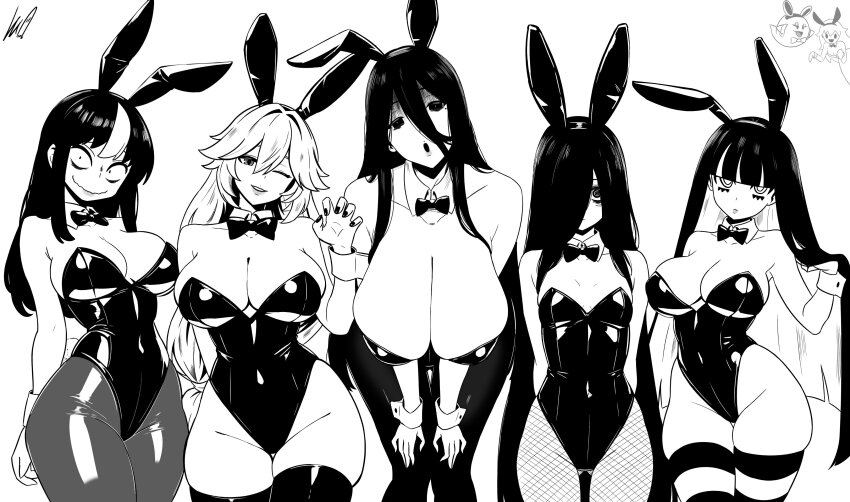 2channel 6+girls absurdres alexandrina_sebastiane animal_ears bags_under_eyes bare_shoulders black_hair blunt_bangs borrowed_character bow bowtie breasts cleavage closed_mouth colored_inner_hair covered_navel detached_collar dress fake_animal_ears fake_tail ghost_girl glasgow_smile hair_between_eyes hair_over_one_eye hasshaku-sama height_difference highleg highleg_leotard highres huge_breasts jaggy_lines japanese_urban_legends lahla_(mario) large_breasts leotard long_fingers long_hair long_hair_between_eyes looking_at_viewer lughost mario_(series) monochrome multicolored_hair multiple_girls nintendo noss_&amp;_zakuro noss_(rariatto) open_mouth original panty_&amp;_stocking_with_garterbelt pantyhose paper_mario paper_mario:_the_thousand-year_door playboy_bunny purple_bow purple_bowtie purple_leotard rabbit_ears rabbit_tail simple_background size_difference small_breasts smile spooky&#039;s_house_of_jump_scares spooky_(shojs) stocking_(psg) strapless strapless_leotard streaked_hair striped_clothes striped_leggings striped_thighhighs tail tall_female the_ring thighband_pantyhose thighhighs traditional_bowtie two-tone_hair vampire very_long_hair wavy_mouth white_hair wrist_cuffs yamamura_sadako zenless_zone_zero