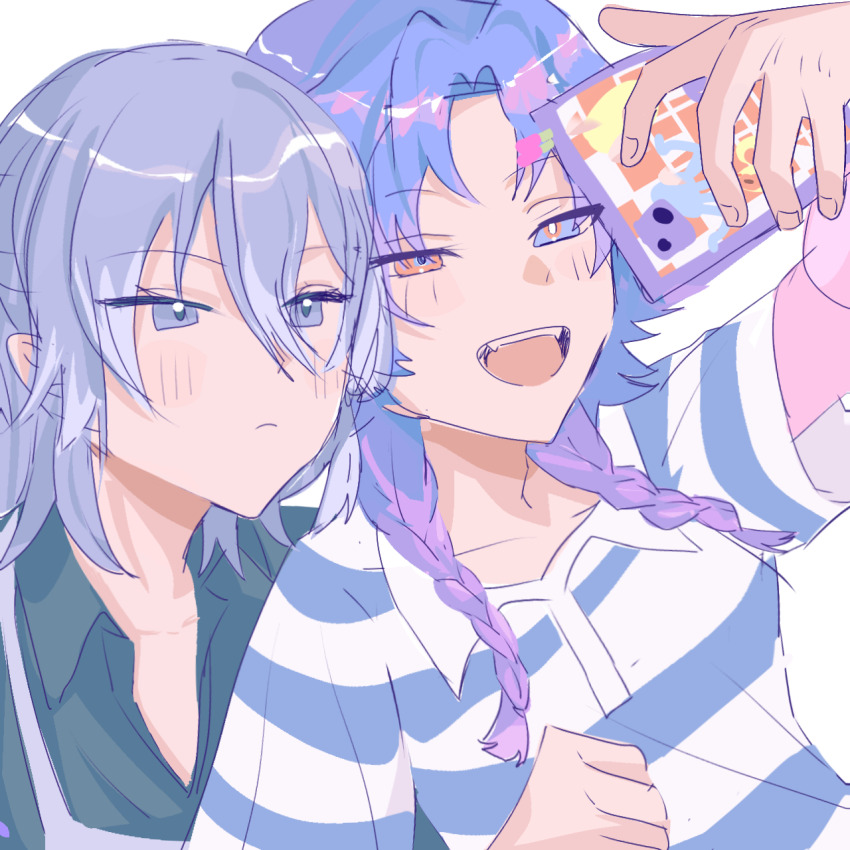 18trip 2boys arm_up black_shirt blush braid fang grey_eyes grey_hair hachinoya_nagi hair_between_eyes heterochromia highres holding holding_phone looking_at_phone medium_hair multiple_boys official_alternate_costume open_mouth phone pink_sleeves purple_hair selfie shirt simple_background sketch smile striped_clothes striped_shirt twin_braids user_ukhn4422 white_background yowa_netaro