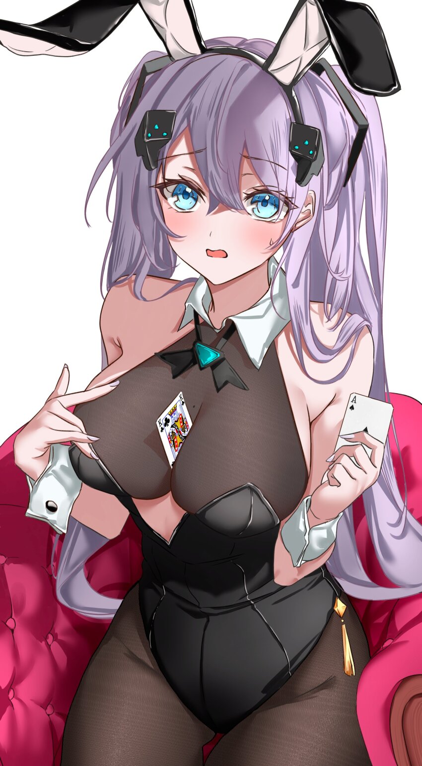 absurdres ace_(playing_card) ace_of_spades animal_ears azur_lane bare_shoulders blue_eyes blush bow bowtie breasts card cleavage collar embarrassed grey_hair hair_between_eyes hair_ornament hair_through_headwear highres holding holding_card intrepid_(azur_lane) king_(playing_card) king_of_clubs large_breasts leggings leotard long_hair looking_at_viewer mole mole_on_breast on_chair open_mouth playboy_bunny playing_card rabbit_ears sideboob simple_background spade_(shape) two_side_up vayneeeee wrist_cuffs