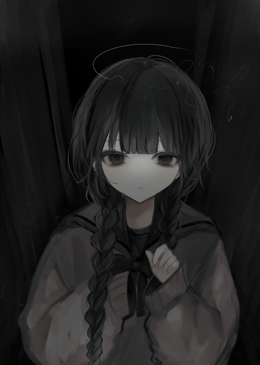 1girl absurdres black_bow black_bowtie black_eyes black_hair black_sailor_collar blunt_bangs bow bowtie braid closed_mouth expressionless grey_sweater highres kanau_(u_u_zzx) long_hair looking_at_viewer low_twin_braids original sailor_collar single_sleeve_past_fingers solo sweater twin_braids twintails