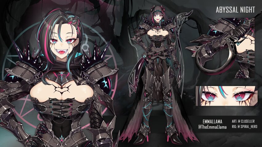 1girl armor armored_boots asymmetrical_bangs black_gloves black_hair blue_eyes blue_hair boots breasts cluseller covered_navel emma_llama full_body gauntlets gloves hand_on_own_hip high_heels highres hood hood_up indie_virtual_youtuber large_breasts liquid_clothes liquid_from_eyes multicolored_eyes multicolored_hair official_alternate_costume open_mouth pelvic_curtain pink_eyes pink_hair plate_armor reference_sheet scarf second-party_source sharp_teeth shoulder_armor standing straight-on streaked_hair symbol_in_eye teeth twitter_username two-tone_eyes virtual_youtuber waist_cape