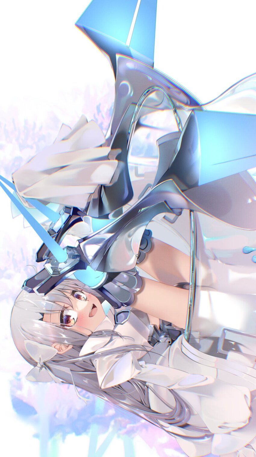 1girl armor armored_boots blush boots breasts coat cosplay crotch_plate fate/extra fate/extra_ccc fate/grand_order fate/kaleid_liner_prisma_illya fate_(series) hair_ribbon highres illyasviel_von_einzbern juliet_sleeves knee_spikes leg_blade long_hair long_sleeves looking_at_viewer meltryllis_(fate) meltryllis_(fate)_(cosplay) meltryllis_(third_ascension)_(fate) open_mouth pei_iriya prisma_illya prosthesis prosthetic_leg puffy_sleeves red_eyes revealing_clothes ribbon sleeves_past_wrists small_breasts smile solo spikes white_coat white_hair white_ribbon