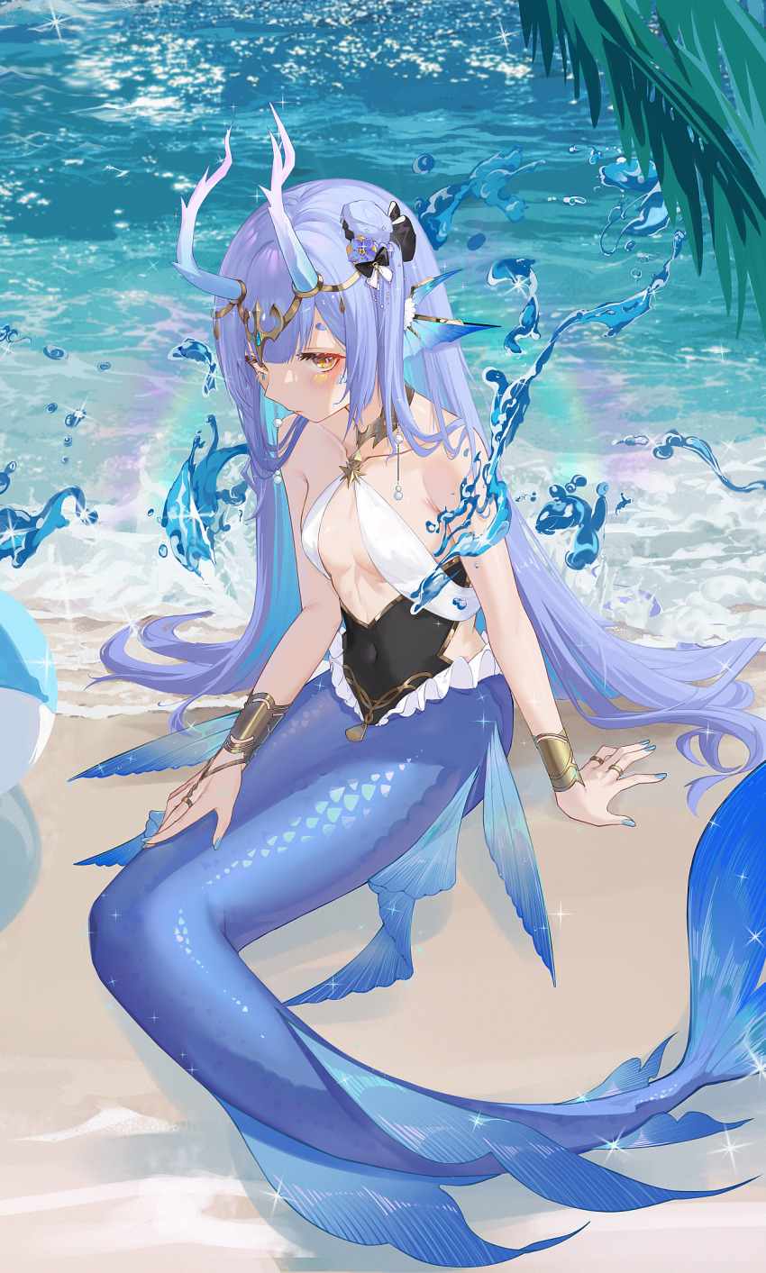 1girl azusa_(vtuber) virtuareal_link beach blue_nails breasts bsmycc circlet highres horns jewelry mermaid monster_girl nijisanji palm_leaf rainbow ring sand scales small_breasts solo virtual_youtuber virtuareal water yellow_eyes