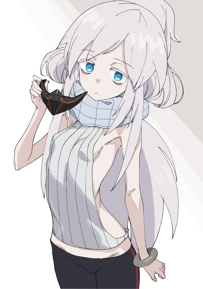 1girl absurdres black_pants blue_eyes blue_scarf bracelet breasts closed_mouth commentary_request cowboy_shot deux_murasame freckles frown grey_background grey_hair gundam gundam_gquuuuuux highres holding holding_mask jewelry long_hair looking_at_viewer mask pants scarf shoes sideless_sweater skinny sleeveless sleeveless_sweater small_breasts sneakers solo sweater unworn_mask very_long_hair white_background white_sweater xexu4577