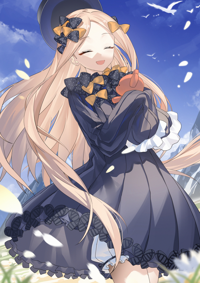 1girl abigail_williams_(fate) absurdres bird black_dress blonde_hair bloomers blue_sky bow closed_eyes dress fate/grand_order fate_(series) flower hair_bow hat highres long_hair miyu10366 multiple_hair_bows petals sky sleeves_past_fingers sleeves_past_wrists smile solo stuffed_animal stuffed_toy teddy_bear underwear very_long_hair white_bloomers wind