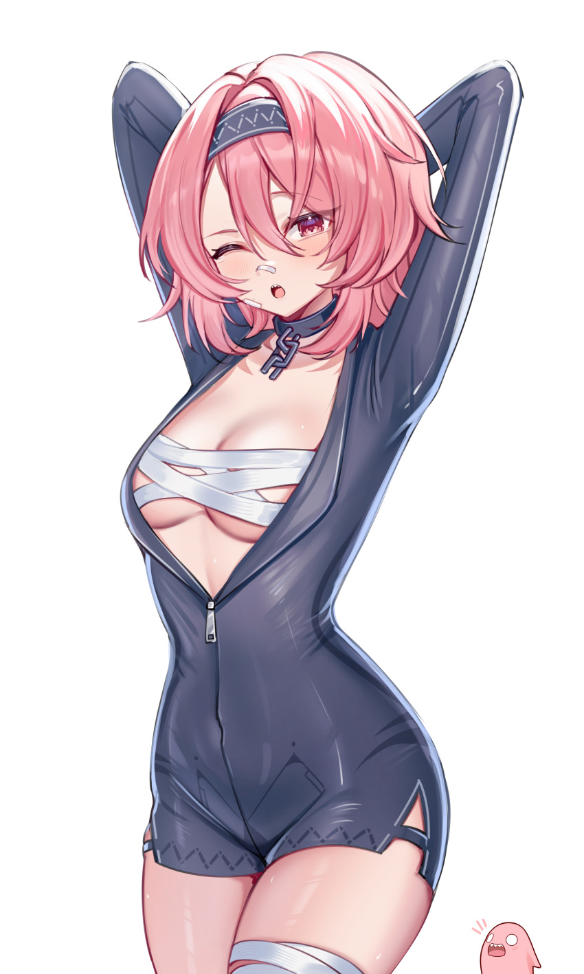 1girl absurdres arms_behind_head arms_up bandaged_leg bandages bandaid bandaid_on_face bandaid_on_nose black_collar black_wetsuit blush bodysuit breasts broken broken_chain budget_sarashi chain cleavage collar collarbone commentary cowboy_shot demcheg diving_suit fuchsia_(strinova) hair_between_eyes hairband highres looking_at_viewer medium_breasts notice_lines one_eye_closed open_mouth partially_unzipped pink_eyes pink_hair sarashi sharp_teeth short_hair sidelocks simple_background solo_focus standing strinova teeth upper_teeth_only wetsuit white_background zipper
