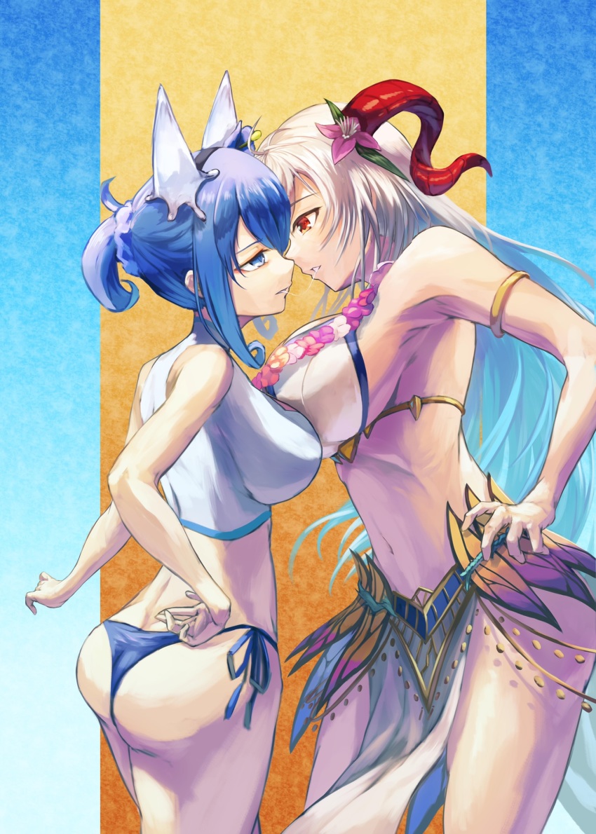 2girls ass asymmetrical_docking bikini blue_eyes blue_hair breast_press fire_emblem fire_emblem_heroes freyja_(fire_emblem) highres horns juunishi_aya long_hair multiple_girls nifl_(fire_emblem) nintendo ponytail red_eyes saliva saliva_trail short_hair swimsuit white_hair yuri