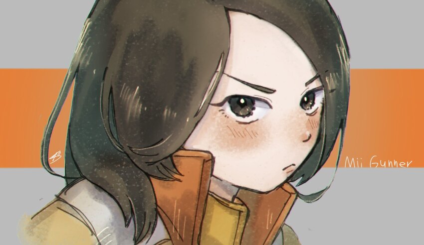 1girl animification black_eyes black_hair blush brown_eyes brown_hair character_name closed_mouth frown highres jacket long_hair looking_at_viewer medium_hair mii_(nintendo) mii_gunner mii_gunner_(smash_ultimate) nintendo nyo02921978 portrait short_hair solo super_smash_bros. upper_body v-shaped_eyebrows