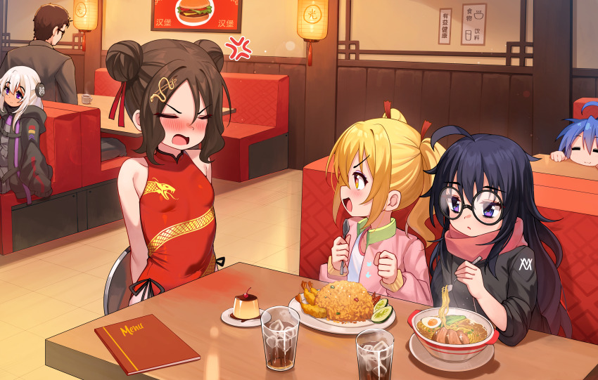 1boy 5girls :3 =_= absurdres ahoge anger_vein arms_behind_back bare_arms bare_shoulders black_hair black_jacket blonde_hair blue_hair blush booth_seating bowl breasts brown_hair burger character_request cherry china_dress chinese_clothes chinese_restaurant clenched_hands closed_eyes coffee_mug commentary copyright_request covered_navel cup double_bun dragon_print dress drinking_glass eating embarrassed english_commentary food fork fried_egg fruit glasses hair_bun hair_ornament hair_ribbon highres holding holding_fork holding_tray ice ice_cube indoors izumi_konata jacket lantern larissa_(luxuriou_s) long_hair long_sleeves lucky_star luxuriou_s meat medium_hair mei_(luxuriou_s) menu mug multiple_girls noodles open_clothes open_jacket open_mouth original paper_lantern pink_jacket print_dress pudding purple_eyes red_dress red_ribbon red_scarf restaurant ribbon round_eyewear scarf shella_(luxuriou_s) shirt shrimp shrimp_tempura sidelocks sleeveless sleeveless_dress small_breasts smile snake_hair_ornament soda table tempura tile_floor tiles tray twintails waitress white_hair white_shirt wooden_table yellow_eyes