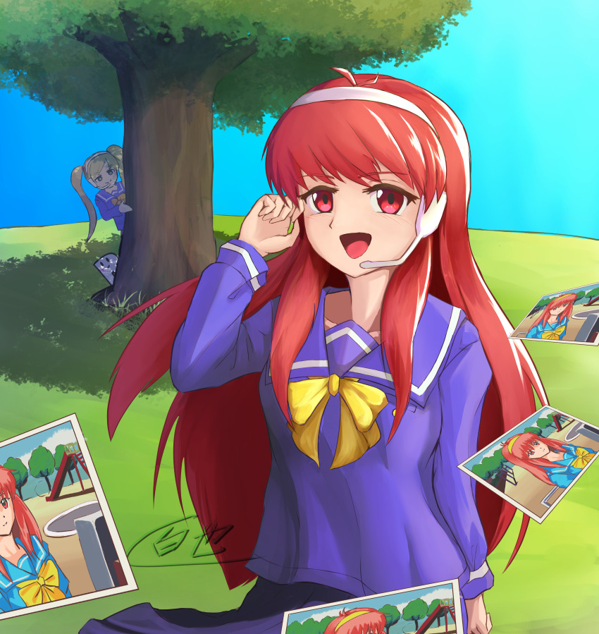 2girls :d absurdres blue_sailor_collar blue_shirt blue_skirt bow day fujisaki_shiori hairband hand_up headset highres hyakuya_(user_wmve7284) kirameki_high_school_uniform long_hair long_sleeves looking_at_viewer multiple_girls open_mouth outdoors peeking photo_(object) red_eyes red_hair sailor_collar school_uniform serafuku shadow shirt skirt smile tatebayashi_miharu tokimeki_memorial tokimeki_memorial_1 tree twintails white_hairband yellow_bow