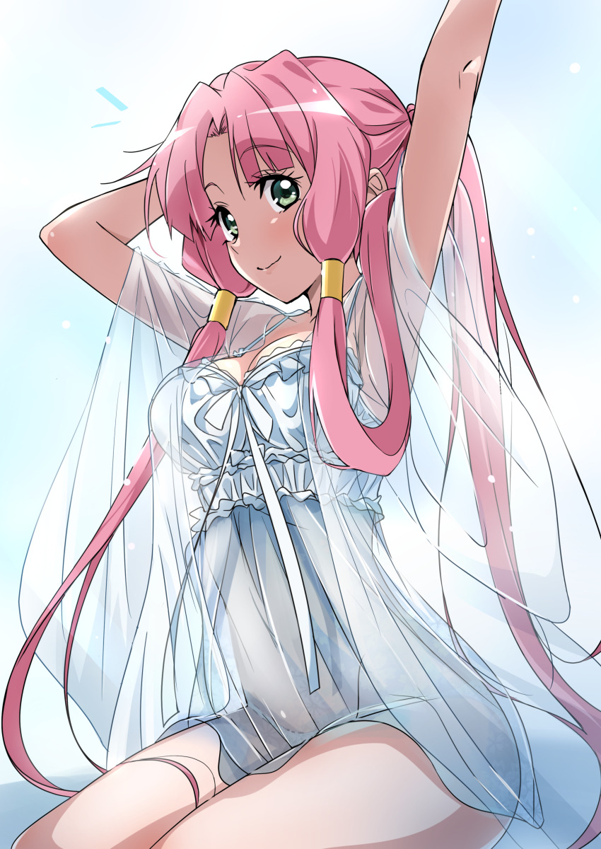 1girl absurdres alternate_costume aria_(manga) armpits arms_up breasts closed_mouth green_eyes highres lingerie long_hair medium_breasts mizunashi_akari pink_hair see-through_clothes simple_background sitting smile solo thighhighs tokiani underwear white_background