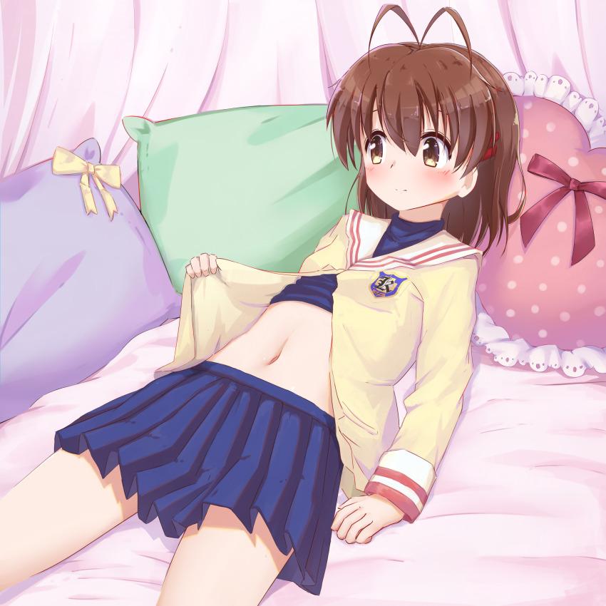 1girl absurdres antenna_hair blue_skirt brown_eyes brown_hair clannad closed_mouth clothes_lift commentary emblem english_commentary furukawa_nagisa highres hikarizaka_private_high_school_uniform jacket lying on_bed paid_reward_available petals pillow pleated_skirt sailor_collar school_uniform serafuku shirt_lift short_hair skirt sleeves_past_wrists solo twintails_(mantids) white_sailor_collar