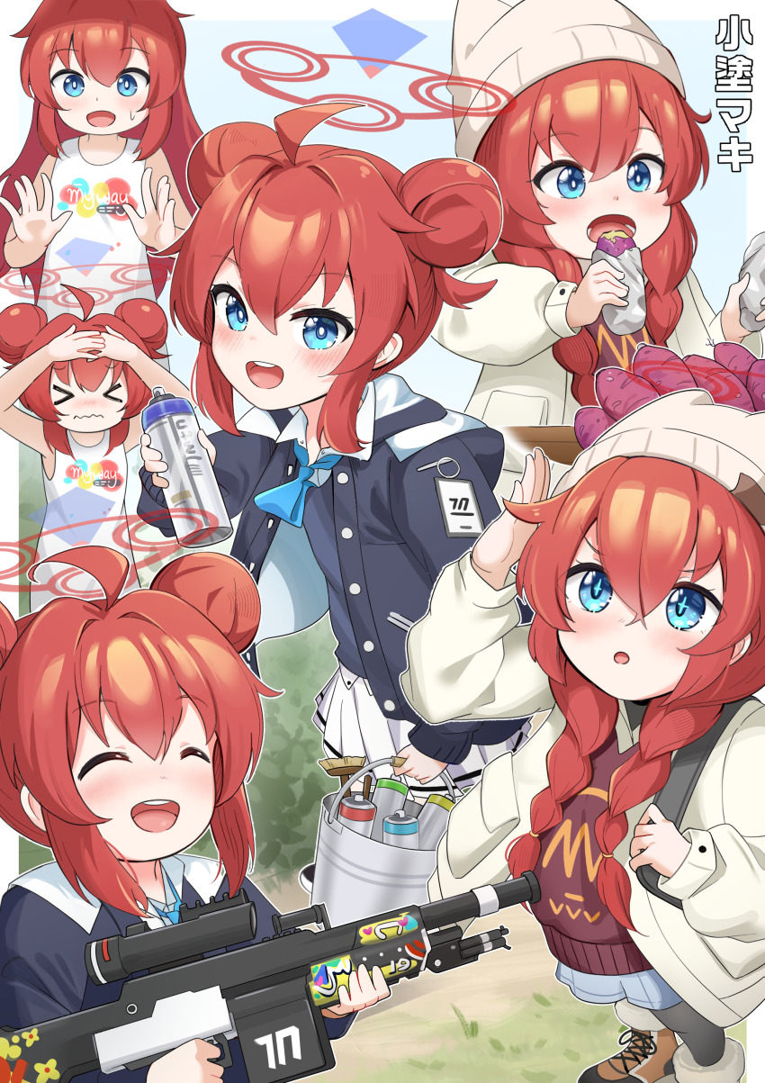 &gt;_&lt; 1girl absurdres ahoge aviary baked_potato black_jacket blue_archive blue_eyes blue_necktie braid bucket closed_eyes double_bun eating general_dynamics_lwmmg grey_hat gun hair_bun halo hat highres holding holding_bucket holding_gun holding_weapon jacket long_hair long_sleeves looking_at_viewer maki_(blue_archive) maki_(camp)_(blue_archive) multiple_views necktie official_alternate_costume official_alternate_hairstyle open_clothes open_jacket open_mouth red_hair red_halo revision shirt skirt sleeveless sleeveless_shirt smile spray_paint standing twin_braids wavy_mouth weapon white_jacket white_shirt white_skirt