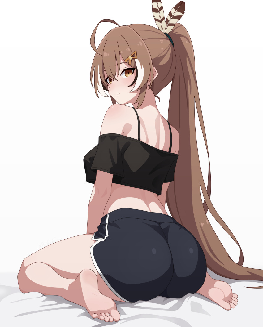 1girl absurdres ahoge ass back bare_shoulders barefoot bed_sheet black_shirt blue_shorts blush breasts brown_eyes brown_feathers brown_hair closed_mouth commentary english_commentary feather_hair_ornament feathers feet from_behind guilegaze hair_between_eyes hair_ornament hair_tie hairclip highres hololive hololive_english large_breasts long_hair looking_back median_furrow multicolored_hair nanashi_mumei ponytail shirt short_sleeves shorts shoulder_blades side_slit side_slit_shorts simple_background sitting sleeveless sleeveless_shirt smile soles solo streaked_hair thighs very_long_hair virtual_youtuber wariza white_background