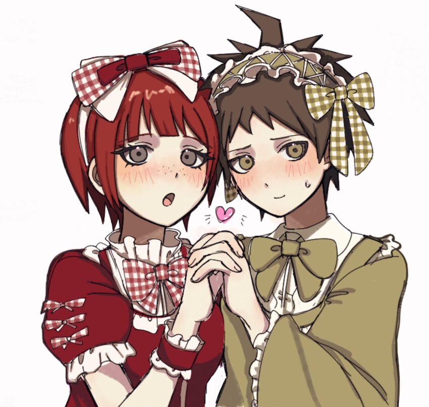 1boy 1girl :o ahoge blouse blunt_bangs blush bow bowtie breasts brown_eyes brown_hair closed_mouth collar collared_shirt commentary crossdressing danganronpa_(series) danganronpa_2:_goodbye_despair dress embarrassed eyelashes freckles frilled_collar frilled_dress frilled_hairband frilled_sleeves frills furisode_sleeves gingham_bow green_bow green_bowtie green_dress green_hairband hair_bow hairband heads_together heart highres hinata_hajime holding_hands koizumi_mahiru kun_(oxx_kn_xxo) long_sleeves looking_at_viewer medium_breasts notice_lines open_mouth puffy_short_sleeves puffy_sleeves red_bow red_bowtie red_dress red_hair shirt short_hair short_sleeves side-by-side simple_background smile spiked_hair sweatdrop upper_body white_background white_bow white_bowtie white_hairband white_shirt