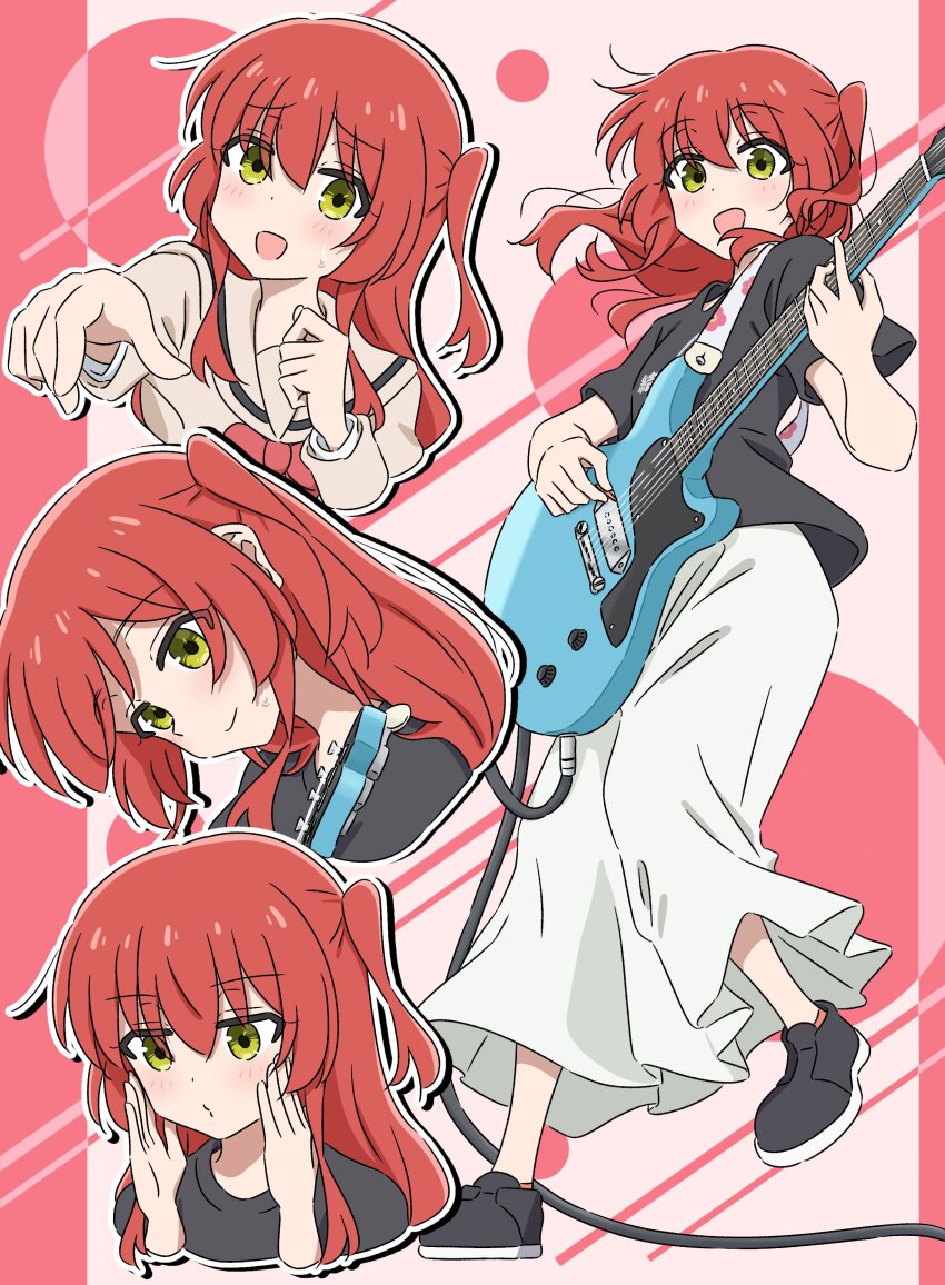 1girl absurdres black_shirt black_shoes blush bocchi_the_rock! bow bowtie brown_shirt cropped_torso dot_nose electric_guitar floating_hair gibson_les_paul green_eyes guitar hands_up highres holding holding_plectrum instrument kessoku_band_t-shirt kita_ikuyo leg_up long_hair long_skirt looking_at_viewer mayo_(oekaki_bibbi) multiple_views one_side_up open_mouth outline pink_background playing_guitar plectrum puckered_lips red_bow red_bowtie red_hair sailor_collar shirt shoes short_sleeves skirt smile sweatdrop t-shirt white_outline white_skirt