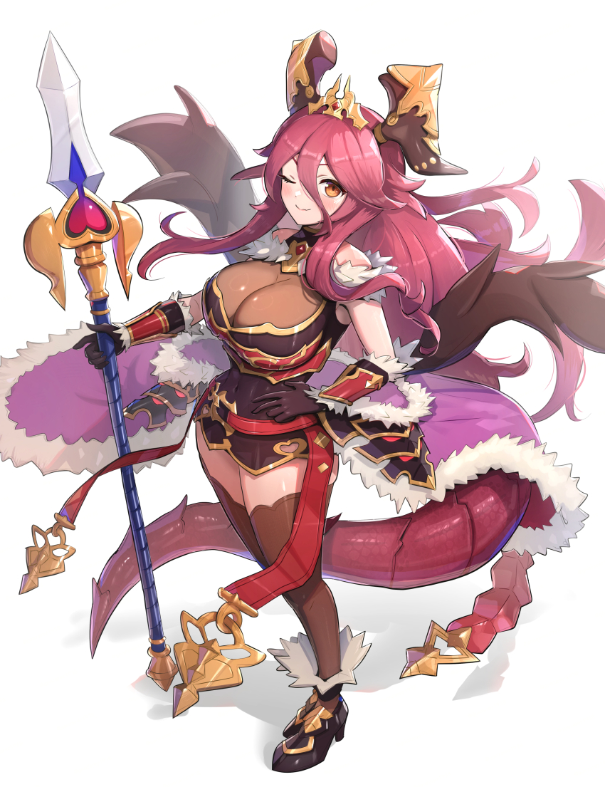 1girl absurdres bodystocking breasts cleavage dragalia_lost dragon_girl dragon_horns dragon_tail full_body fur-trimmed_bracer gonzarez high_heels highres holding holding_polearm holding_weapon horns large_breasts long_hair looking_at_viewer mym_(dragalia_lost) one_eye_closed polearm red_eyes red_hair smile solo tail tiara very_long_hair waist_cape weapon