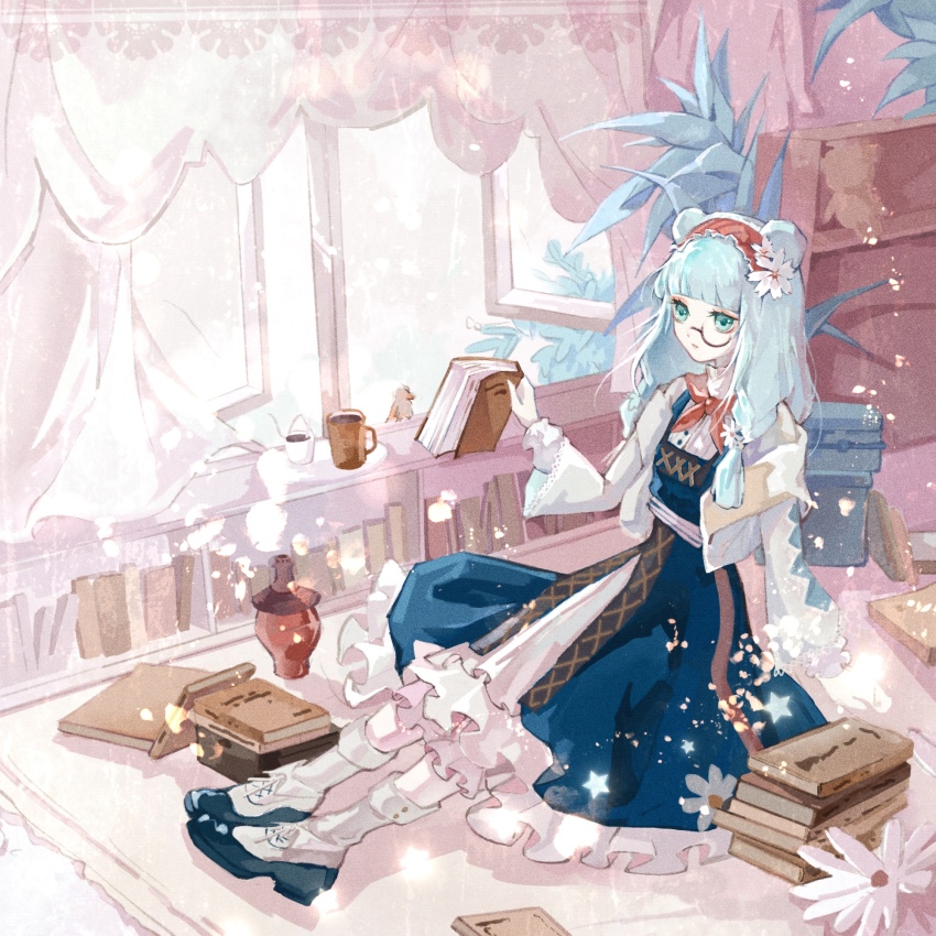 1girl animal_ears aqua_hair arknights bear_ears bird blue_dress blue_shoes book book_stack closed_mouth curtains dress expressionless flower frilled_dress frills full_body green_eyes hair_flower hair_ornament hairband highres holding holding_book indoors istina_(arknights) istina_(bibliosmia)_(arknights) leaf lips long_hair long_sleeves looking_at_viewer monocle neckerchief official_alternate_costume open_window procreate_(medium) red_hairband red_neckerchief shirt shoes simisimi sitting socks solo white_flower white_shirt white_socks window