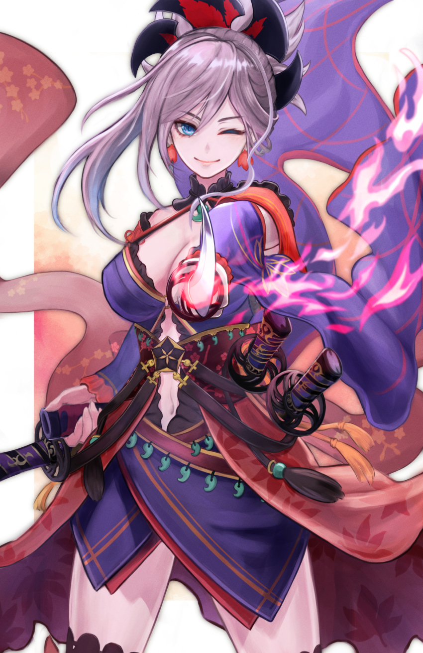 1girl akito1218 blue_eyes breasts cleavage earrings fate/grand_order fate_(series) highres holding holding_sword holding_weapon jewelry katana large_breasts leaf_earrings leaf_print miyamoto_musashi_(fate) miyamoto_musashi_(third_ascension)_(fate) navel one_eye_closed pink_hair sheath smile sword weapon