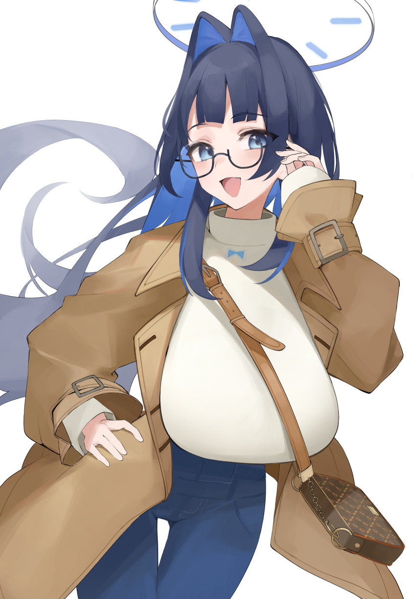 absurdres bag blue_eyes blue_hair blue_pants blunt_bangs breasts brown_bag brown_jacket casual colored_inner_hair commentary denim eyelashes fingernails glasses hair_intakes halo hand_on_own_hip handbag highres hololive hololive_english jacket jeans large_breasts long_hair long_sleeves mukana_meme multicolored_hair official_alternate_costume official_alternate_hair_length official_alternate_hairstyle open_clothes open_jacket open_mouth ouro_kronii ouro_kronii_(casual) pants semi-rimless_eyewear shirt simple_background smile two-tone_hair very_long_hair virtual_youtuber white_background white_shirt