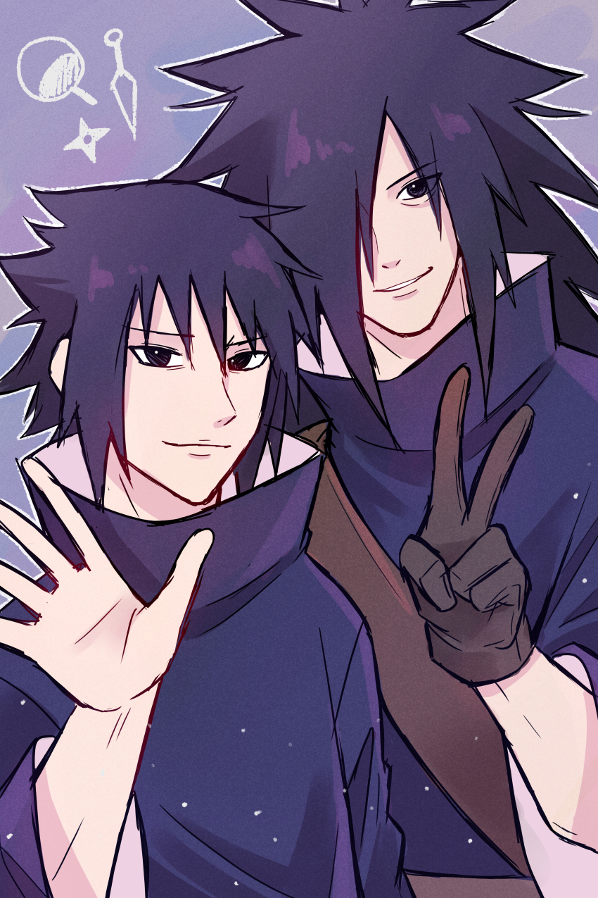 2boys absurdres akina_(cspsmac31126) belt black_eyes black_hair blue_coat brothers brown_belt brown_gloves coat gloves hair_between_eyes hair_over_one_eye highres kunai male_focus multiple_boys naruto_(classic) naruto_(series) naruto_shippuuden shuriken siblings smile uchiha_izuna uchiha_madara upper_body v weapon
