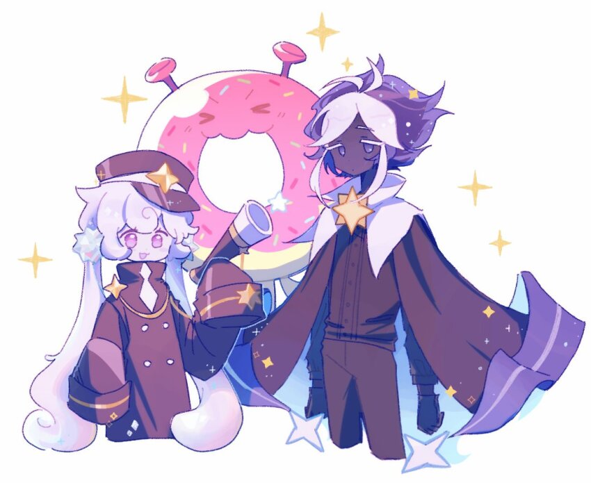 1boy 1girl aileanor2 blue_eyes blue_hair blue_skin colored_skin cookie_run cookie_run:_kingdom hat humanization long_hair long_sleeves low_twintails milky_way_cookie multicolored_hair necktie purple_eyes sleeves_past_fingers sleeves_past_wrists space_doughnut stardust_cookie train_conductor twintails very_long_hair white_hair white_skin