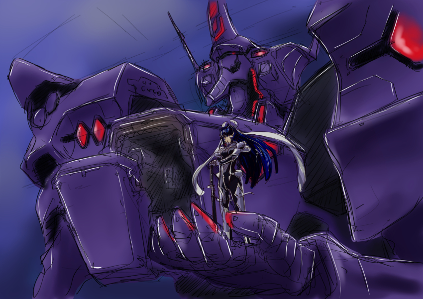 1girl blue_hair breasts fortified_suit hand_on_hilt highres large_breasts long_hair mecha mecha_pilot_suit mitsurugi_meiya muv-luv muv-luv_alternative pilot_suit ponytail red_eyes robot science_fiction sketch skin_tight tactical_surface_fighter taiga_hiroyuki type_00_takemikazuchi