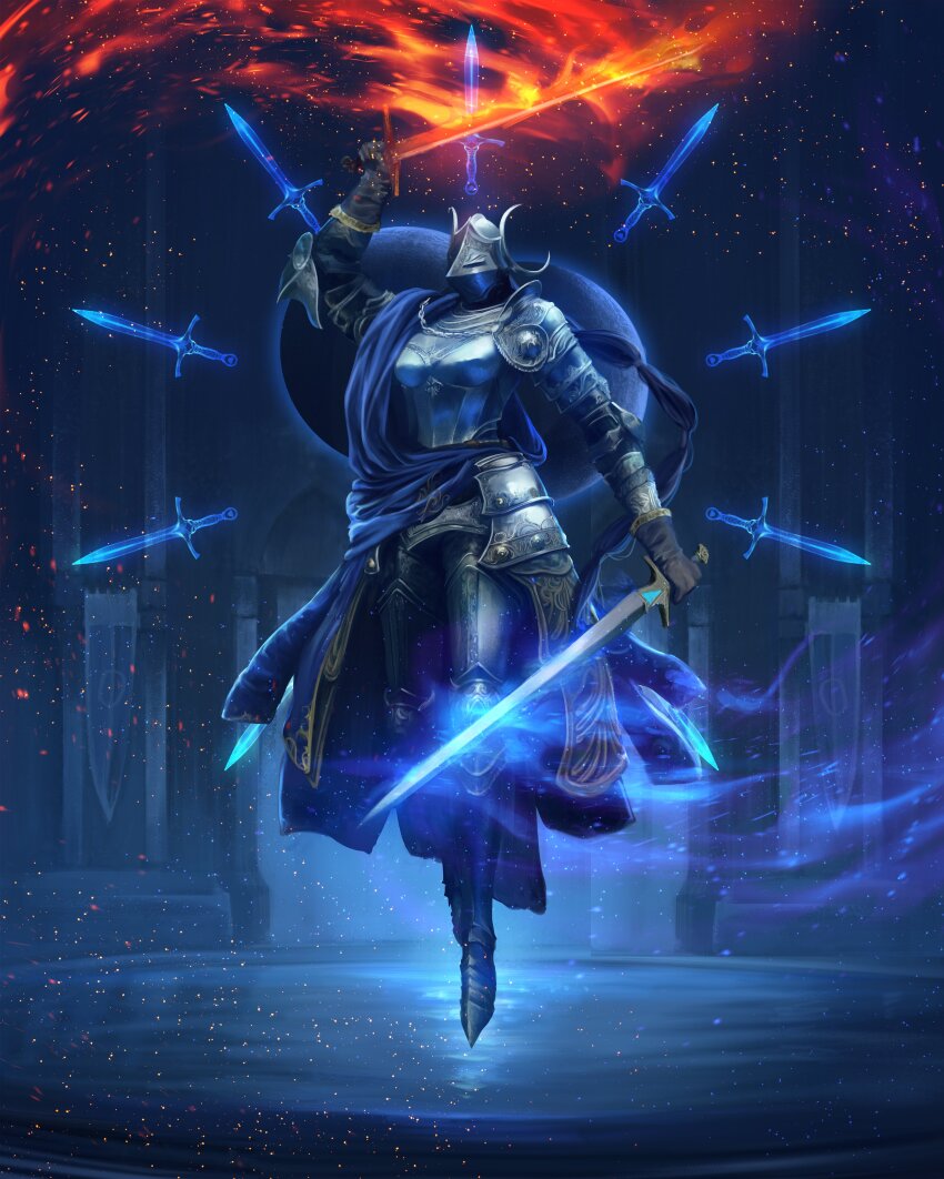 1girl absurdres armor armored_skirt black_hair braid braided_ponytail breastplate caio_santos commentary dual_wielding elden_ring elden_ring:_shadow_of_the_erdtree embers energy_sword fake_horns female_knight fire flaming_sword flaming_weapon floating floating_object floating_sword floating_weapon full_armor gauntlets glowing glowing_sword glowing_weapon helmet highres holding holding_sword holding_weapon horned_helmet horns knight moon rellana_twin_moon_knight solo sword weapon