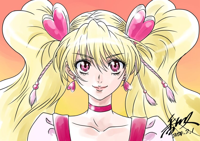 1girl blonde_hair choker collarbone cure_peach dated dress earrings fresh_precure! gradient_background hair_ornament heart heart_earrings heart_hair_ornament highres jewelry kagawa_hisashi looking_at_viewer momozono_love orange_background pink_choker pink_dress pink_eyes precure puffy_short_sleeves puffy_sleeves short_sleeves signature smile solo twintails