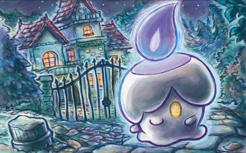 closed_mouth creature fire full_body gate gen_5_pokemon litwick night night_sky nintendo no_humans official_art outdoors pokemon pokemon_(creature) pokemon_tcg purple_fire sky smile solo sowsow standing star_(sky) starry_sky third-party_source tree window yellow_eyes
