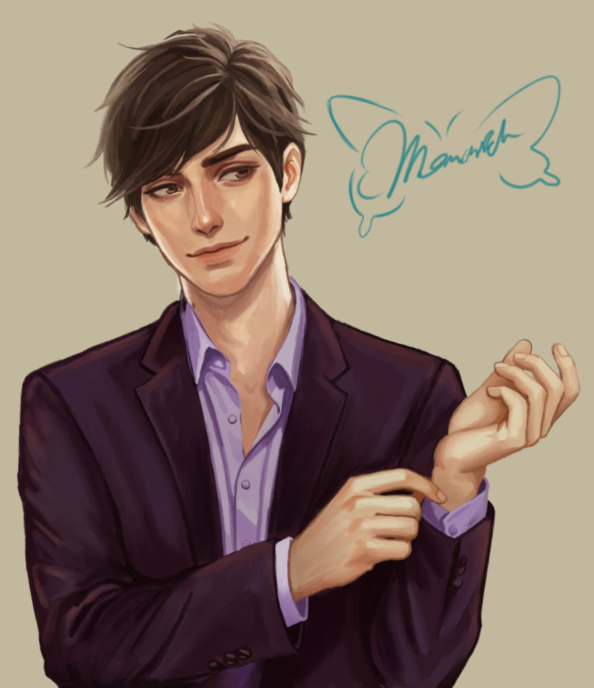 1boy adjusting_sleeves baxter_ward brown_eyes brown_hair coat collared_shirt hands_up head_tilt highres male_focus monarch_chimera our_life our_life:_beginnings_and_always partially_unbuttoned purple_coat purple_shirt shirt short_hair side-eyed smile solo tuxedo upper_body