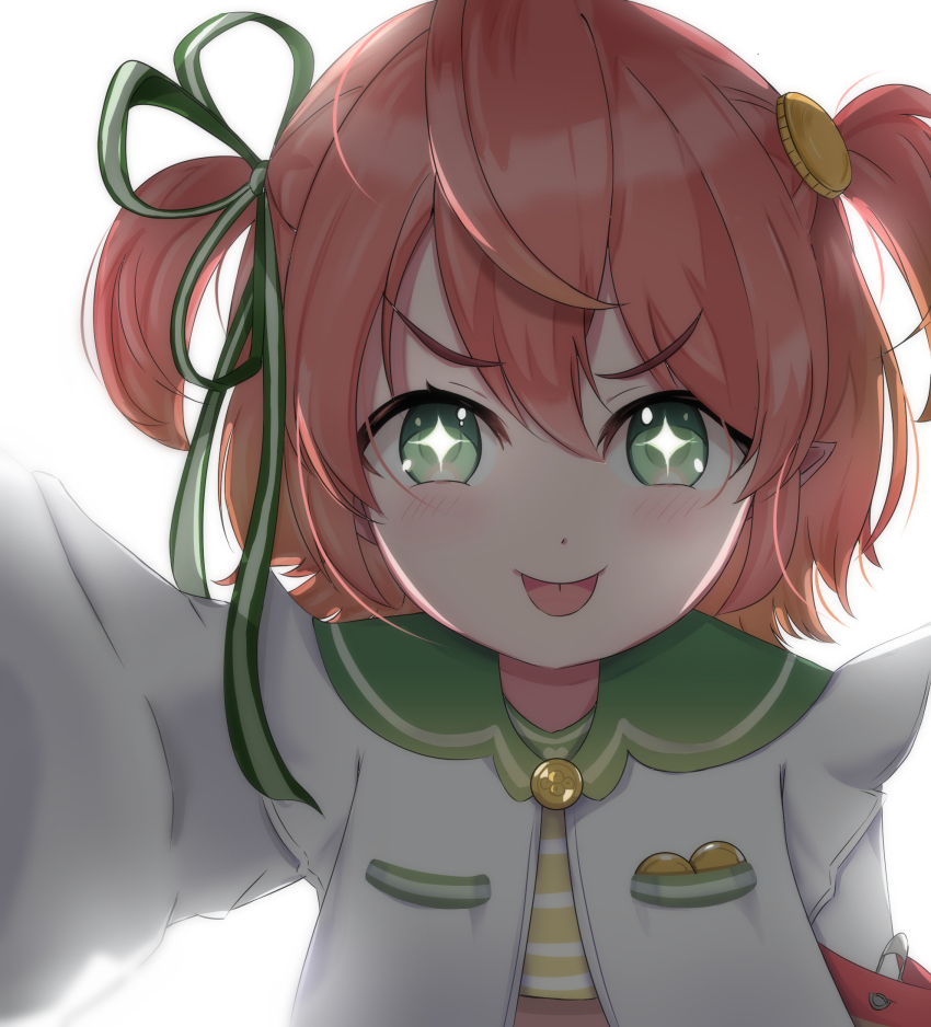 1girl blush blush_stickers coins commission ears fuyo_cloverfield green_eyes highres idol_corp pink_hair pointy_ears pov ribbon shironomi shirt short_hair tongue tongue_out virtual_youtuber
