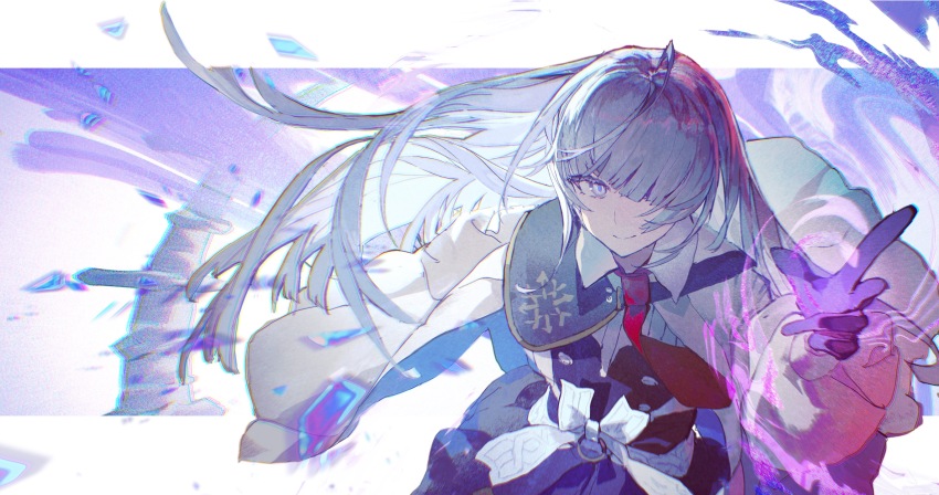 1girl abstract_background absurdres arcaea black_skirt chinese_commentary commentary_request gloves grey_eyes grey_hair hair_over_one_eye hand_up high-waist_skirt highres insight_(arcaea) jacket jacket_on_shoulders letterboxed lobelia_(saclia) long_hair looking_at_viewer magic necktie purple_background purple_gloves red_necktie shirt skirt smile solo upper_body white_jacket white_shirt