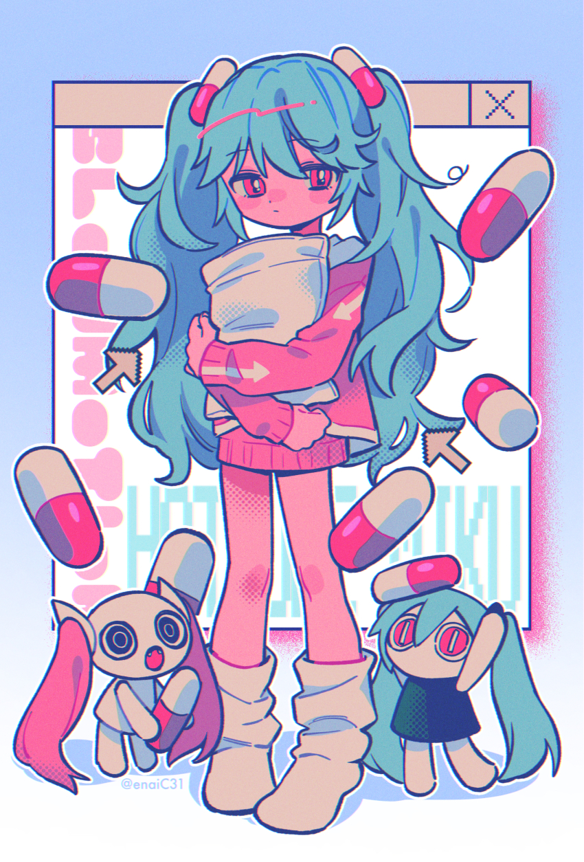 1girl aimaina aqua_hair character_name closed_mouth copyright_name cursor doushite-chan full_body hair_between_eyes hatsune_miku hatsune_miku_(high_fever) highres hugging_object long_hair long_sleeves menma_(enaic31) open_mouth pill_hair_ornament pillow pillow_hug pink_eyes sidelocks slow_motion_(vocaloid) standing twintails twitter_username very_long_hair vocaloid