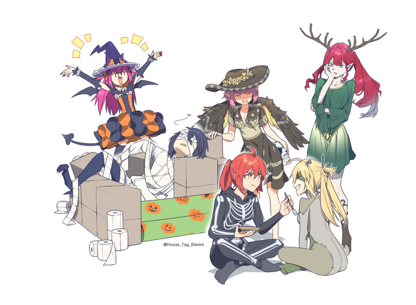 1boy 5girls animal_ears artoria_caster_(fate) artoria_pendragon_(fate) baobhan_sith_(fate) bat_wings black_hair blonde_hair box breasts brown_dress circe_(fate) closed_eyes commentary crossed_legs demon_tail dress elizabeth_bathory_(fate) elizabeth_bathory_(halloween_caster)_(fate) english_commentary fake_antlers fate/grand_order fate_(series) green_dress green_skirt grey_eyes hat highres hooves house_tag_denim jack-o&#039;-lantern long_hair multiple_girls oberon_(fate) oberon_(third_ascension)_(fate) open_mouth orange_eyes orange_hair paintbrush pink_hair pointy_ears pumpkin short_hair skeleton_print skirt skull tail toilet_paper twintails twitter_username white_background wings witch_hat yellow_eyes