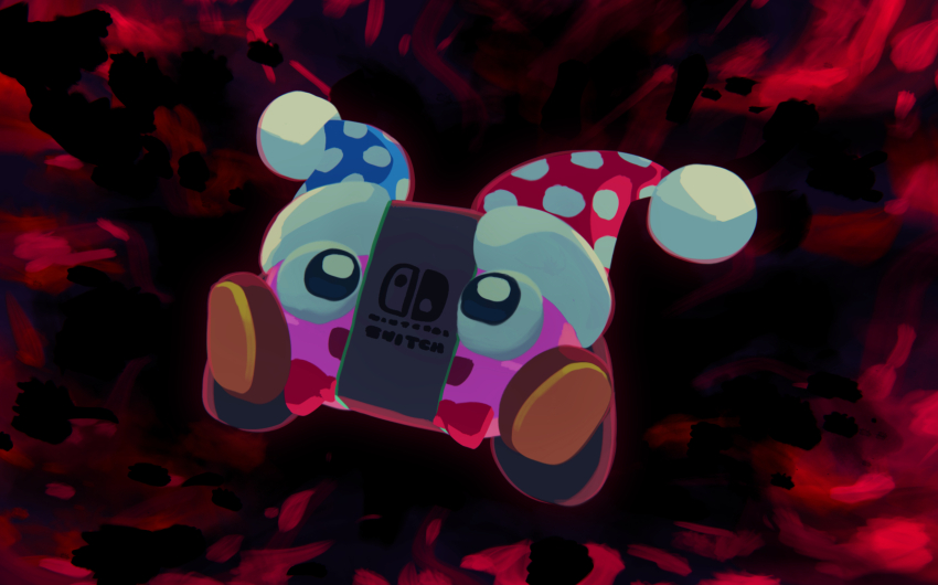 black_background black_eyes brown_shoes colored_skin commentary_request fur-trimmed_headwear fur_trim hat highres jester_cap kirby_(series) marx_(kirby) nintendo nintendo_switch_pro_controller no_humans open_mouth polka_dot_headwear pom_pom_(clothes) purple_skin red_background shoes smile solo suyasuyabi two-tone_background two-tone_headwear