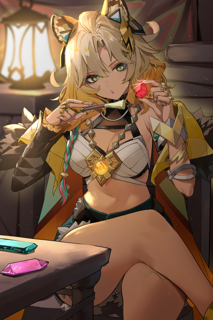 1girl amagasa_yun animal_ears blonde_hair breasts cleavage crossed_legs genshin_impact green_eyes highres indoors jaguar_ears jaguar_girl jewelry long_hair medium_breasts midriff multiple_rings nail_polish navel ring sitting solo thighs xilonen_(genshin_impact)