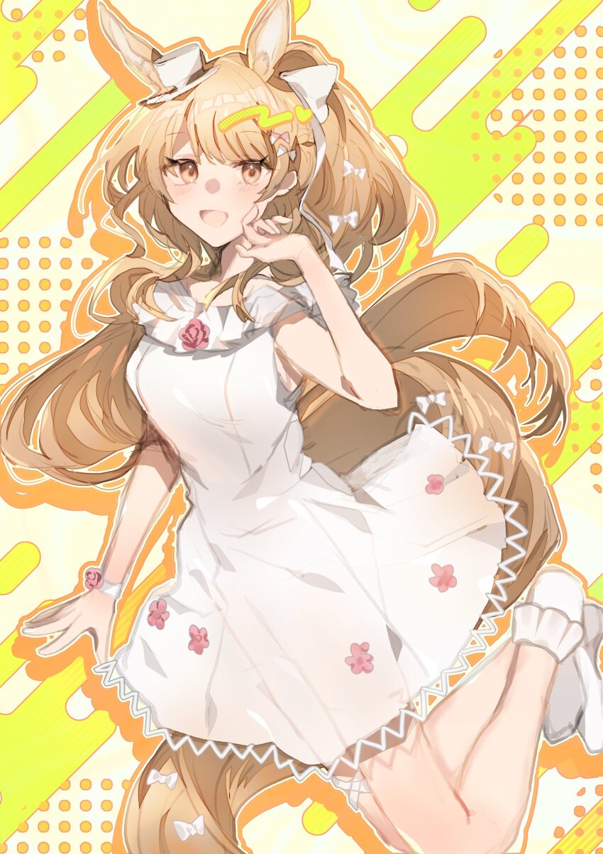 1girl :d absurdres animal_ears arknights blemishine_(arknights) blush bow brown_eyes brown_hair brown_tail commentary dress full_body fumi_(rdbm) hand_up hat highres long_hair looking_at_viewer mini_hat mini_top_hat open_mouth orange_outline outline sleeveless sleeveless_dress smile solo tail top_hat white_bow white_dress white_hat wristband