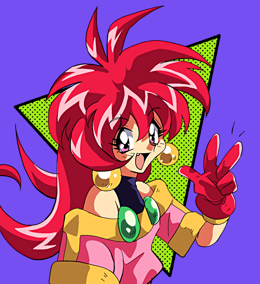 1990s_(style) 1girl anime_coloring araizumi_rui_(style) earrings gloves highres jewelry long_hair looking_at_viewer off_shoulder parfait_(lamune) parody pink_eyes potiri02 purple_background red_gloves red_hair retro_artstyle solo style_parody upper_body v vs_knight_lamune_&amp;_40_fire