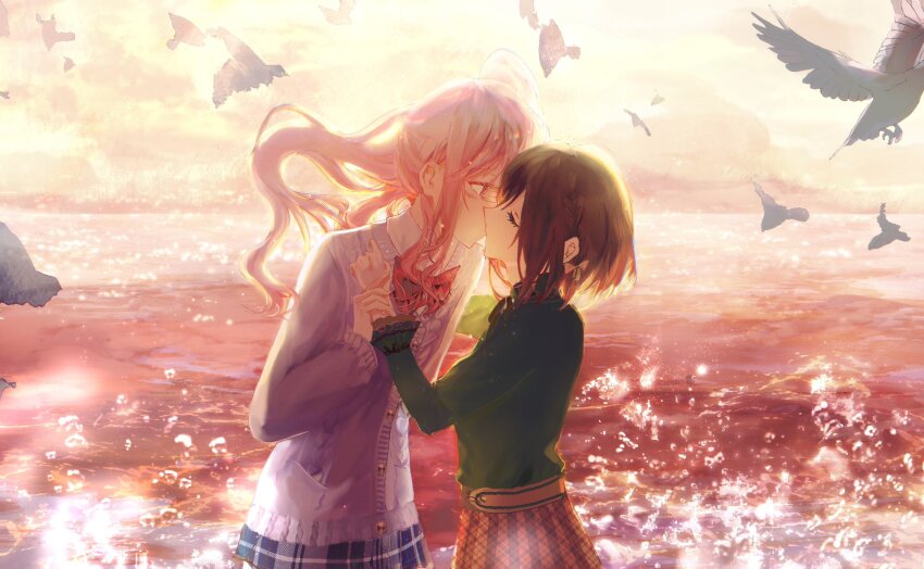 1girl 1other akiyama_mizuki androgynous bird blue_skirt bow bowtie braid brown_eyes brown_hair brown_skirt buttons cardigan closed_eyes cloud cloudy_sky collared_shirt floating_hair green_cardigan green_shirt green_sweater hashtag-only_commentary highres holding_another&#039;s_wrist jonna36564610 kamiyama_high_school_uniform_(project_sekai) kiss long_hair long_sleeves looking_at_another ocean orange_skirt outdoors pink_cardigan pink_hair plaid_clothes plaid_skirt pleated_skirt project_sekai red_bow red_bowtie school_uniform seagull shinonome_ena shirt short_hair side_ponytail sidelocks skirt sky sunset sweater tears water waves
