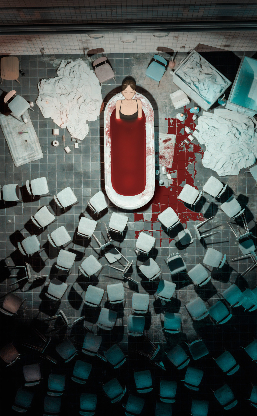 1girl absurdres bath bath_of_blood bathing bathtub bed_sheet black_camisole blood blood_on_ground brown_hair camisole chair closed_mouth collarbone commentary commentary_request english_commentary closed_eyes faiz_azhar from_above highres indoors mixed-language_commentary original plunger solo tile_floor tiles toilet_paper wide_shot